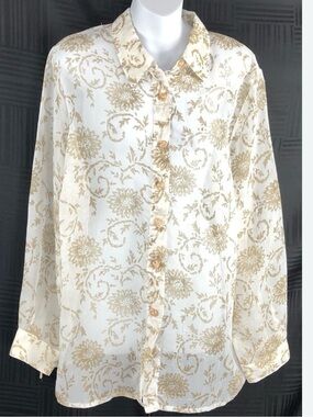 Alfred Dunner Women Ivory and Gold Floral Button-Up Blouse Size 16P